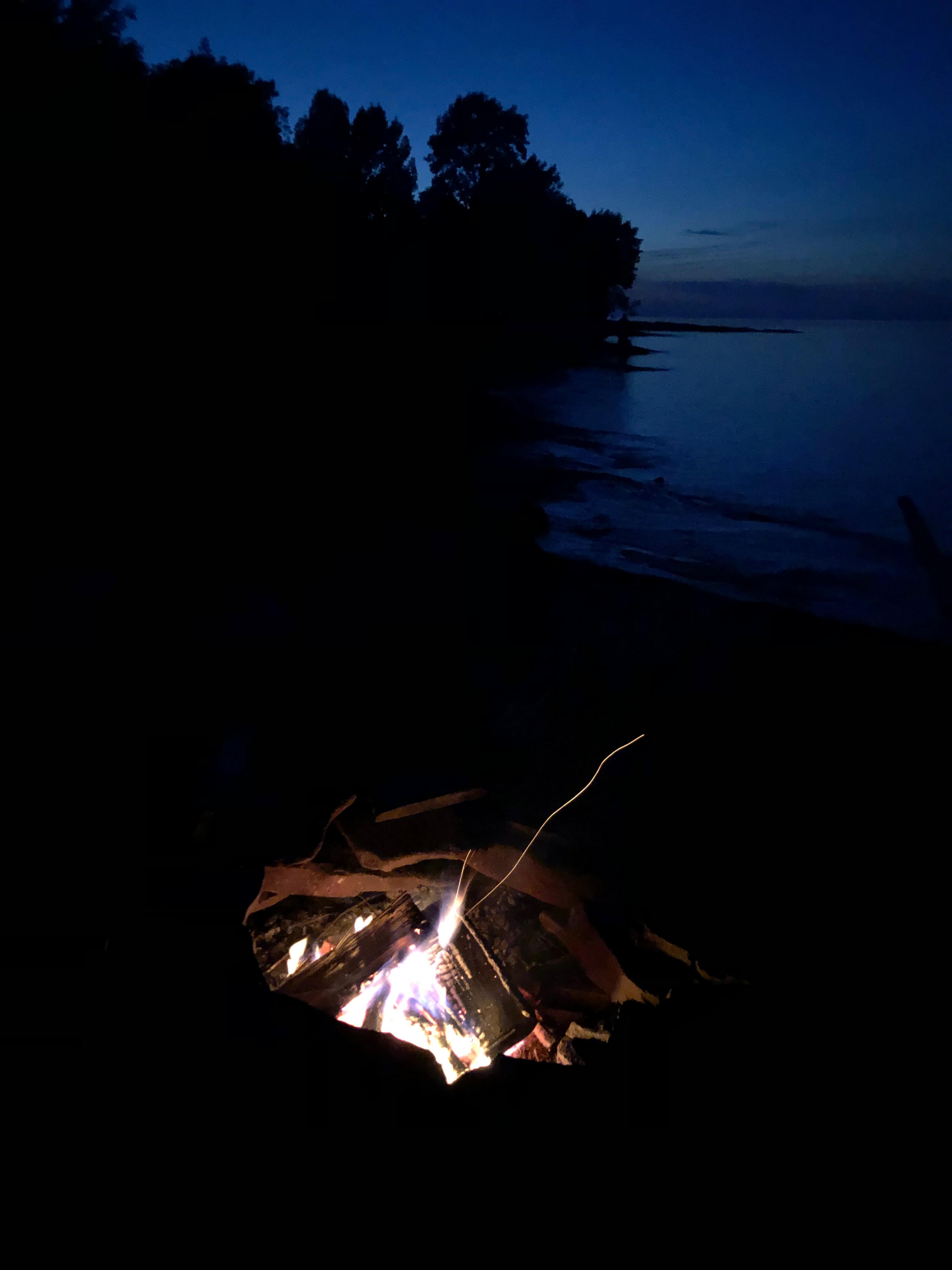 Campfire on the shore of Lake Superior